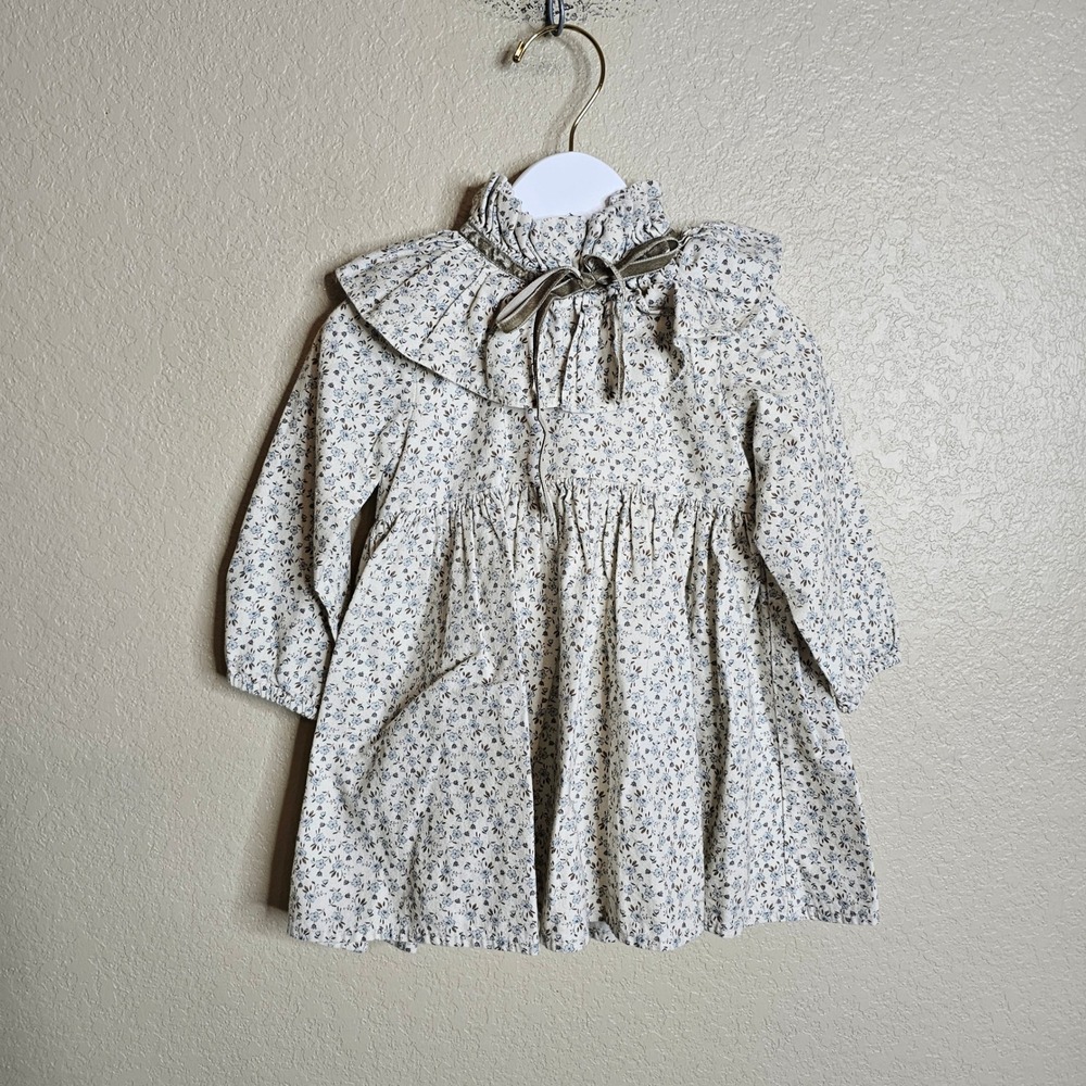 La Coqueta Girls Floral Ruffle Collar Dress 2 Cotton Blue Tan Made in Spain